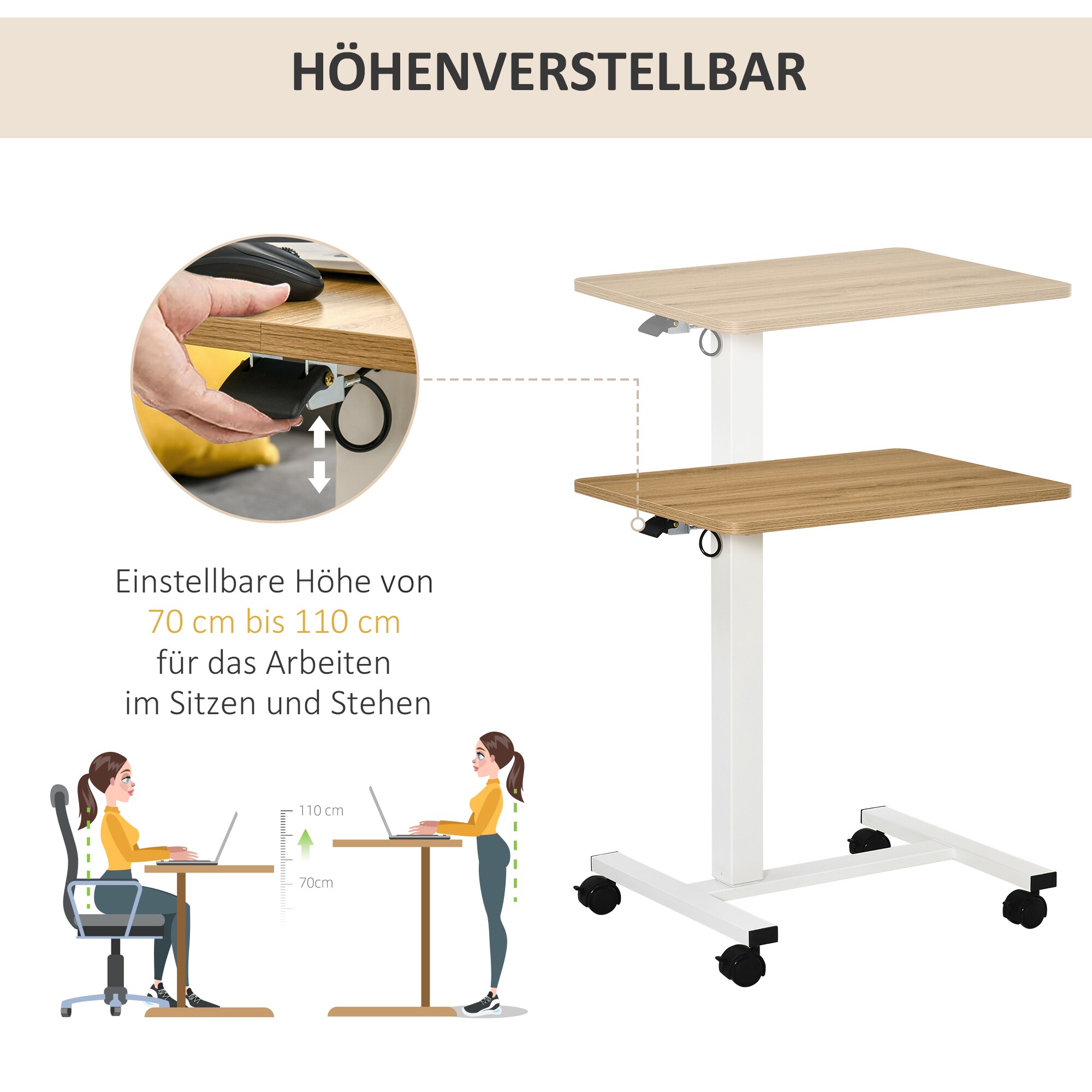 HOMCOM Stehpult mit Rollen weiß, natur 65L x 48B x 110H cm