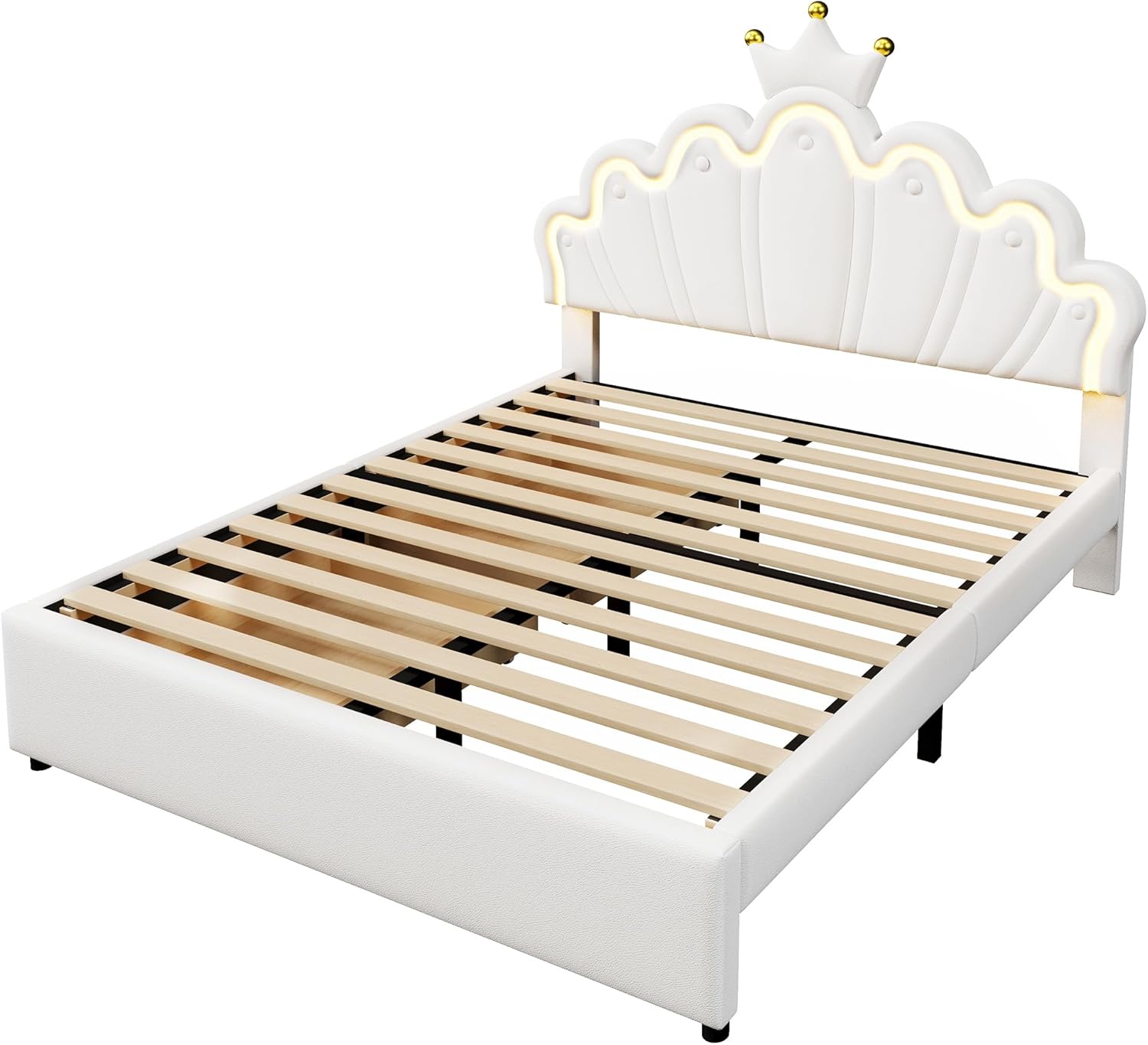 Merax Kinderbett 140x200, Polsterbett für Mädchen Kronen-Doppelbett mit verstellbarem Kopfteil, 16 Farben LED-Streifen, aus PU-Leder Bettrahmen mit Lattenrost und 2 Schubladen (ohne Matratze), Weiß