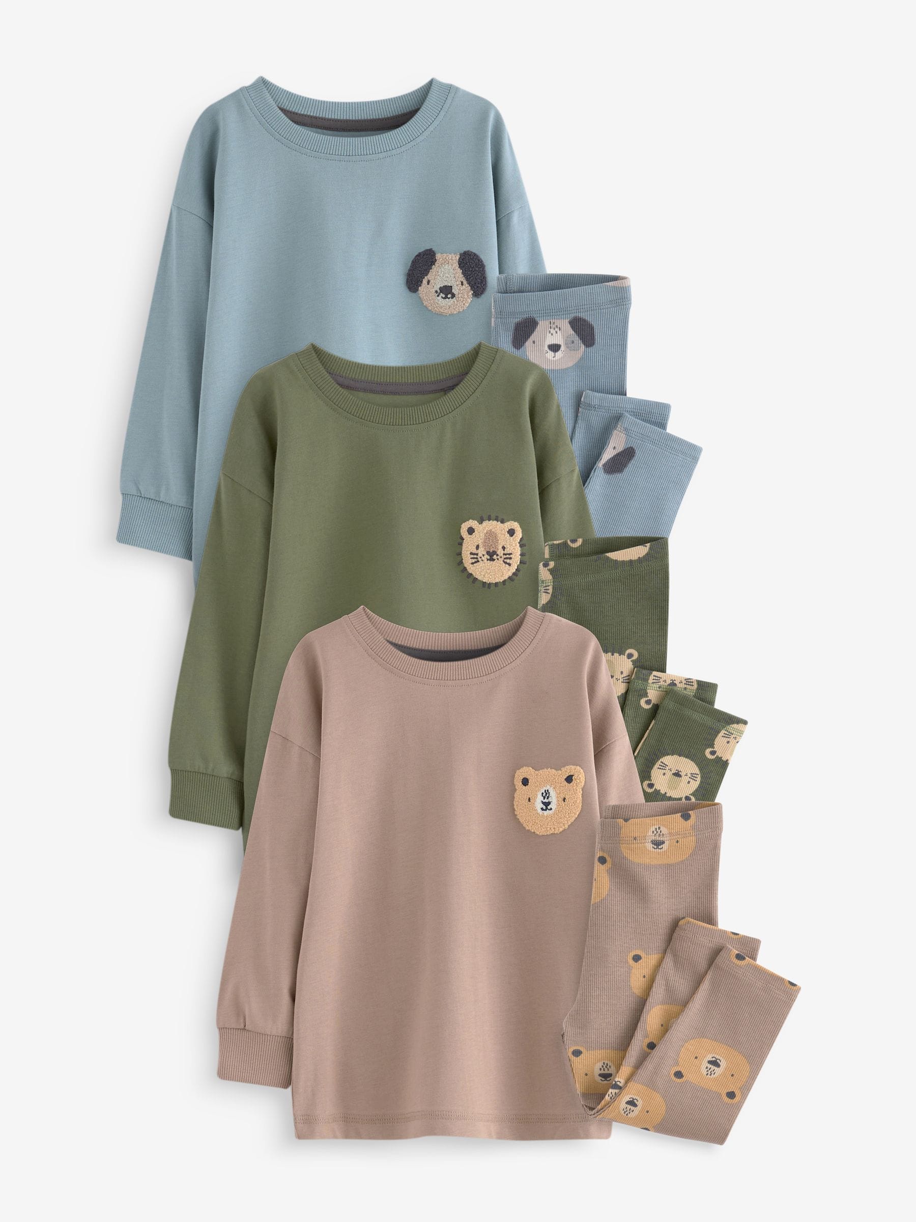 Blauw/bruin/kakigroen dierenprint - Verpakking van 3 knusse pyjama's (9mnd-8jr)