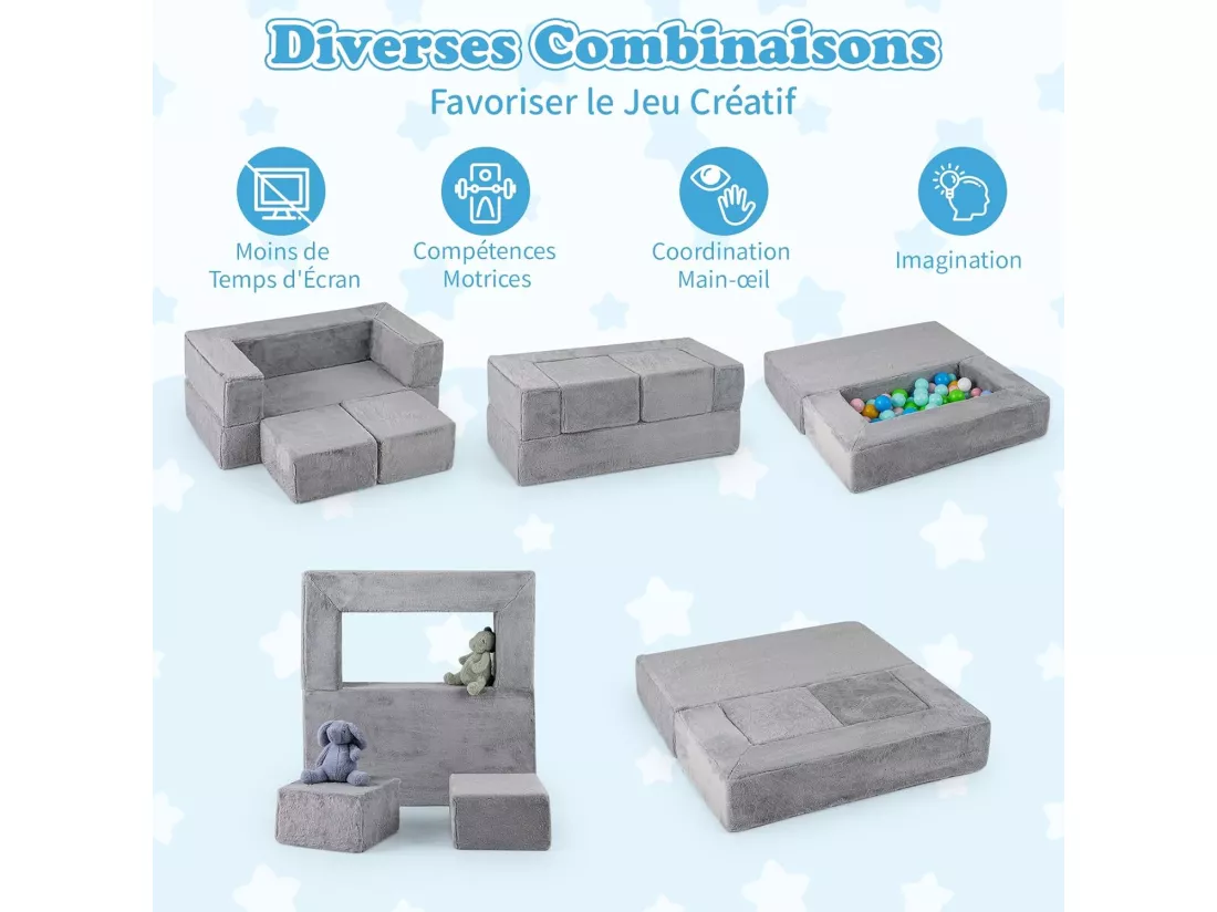 Canapé Modulaire 2 Places pour Enfants en Mousse, Canapé Enfant Convertible & Pliable en Peluche avec Housses Amovibles & Lavables, Canapé en Mousse pour Salle de Jeux et Chambre