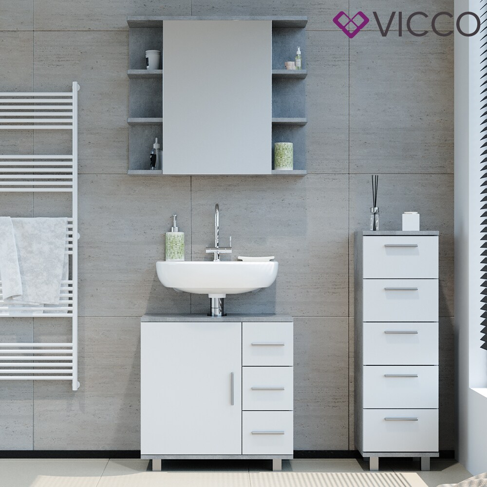 VICCO Badmöbel Set ILIAS Weiß Beton Bad Spiegel Kommode Unterschrank Badschrank