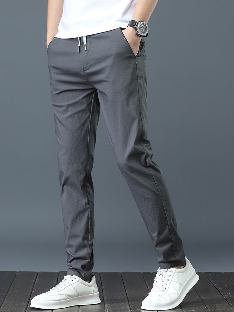 Denimic - Effen slim fit broek met trekkoordtaille