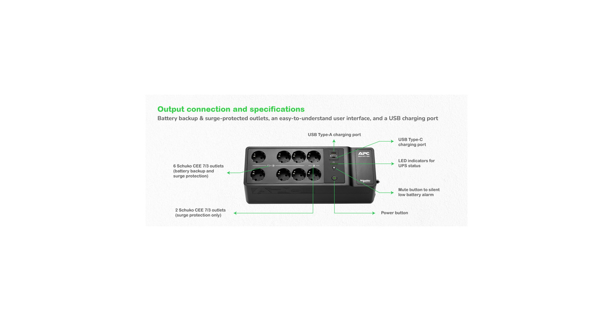 APCBack-UPS BE1050G2-GR - Noodstroomvoeding ups  (Zwart, 8x Schuko, 1050VA, 2 USB opladers, 1 USB)