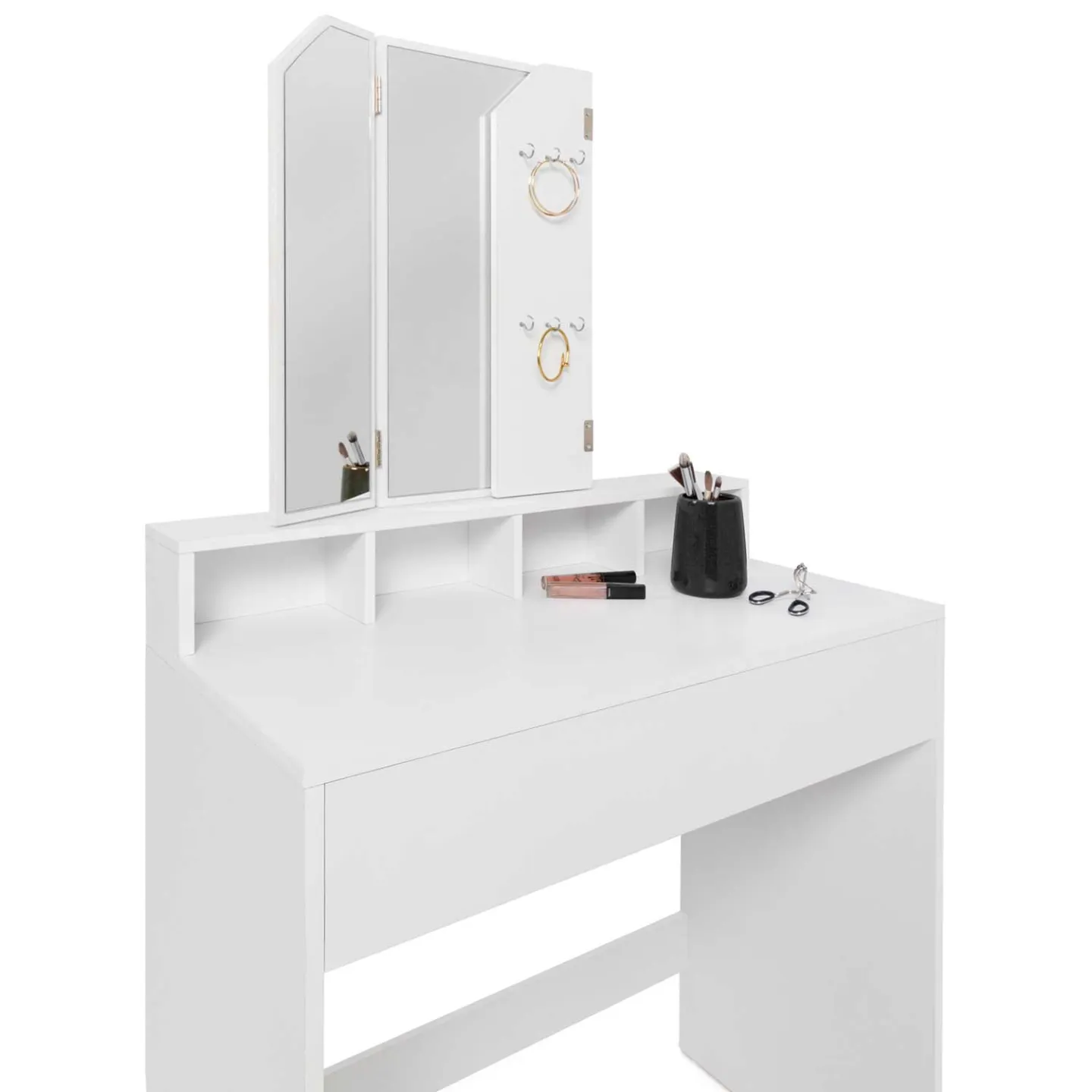 Coiffeuse ZELIA 3 miroirs avec 4 niches, 1 tiroir et tabouret