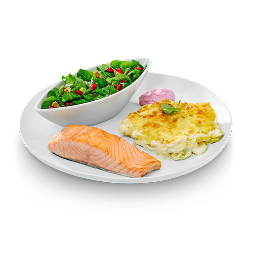Lachsfilet vom Grill mit cremigem Gratin und Feldsalat mit Granatapfel- & Walnusskernen