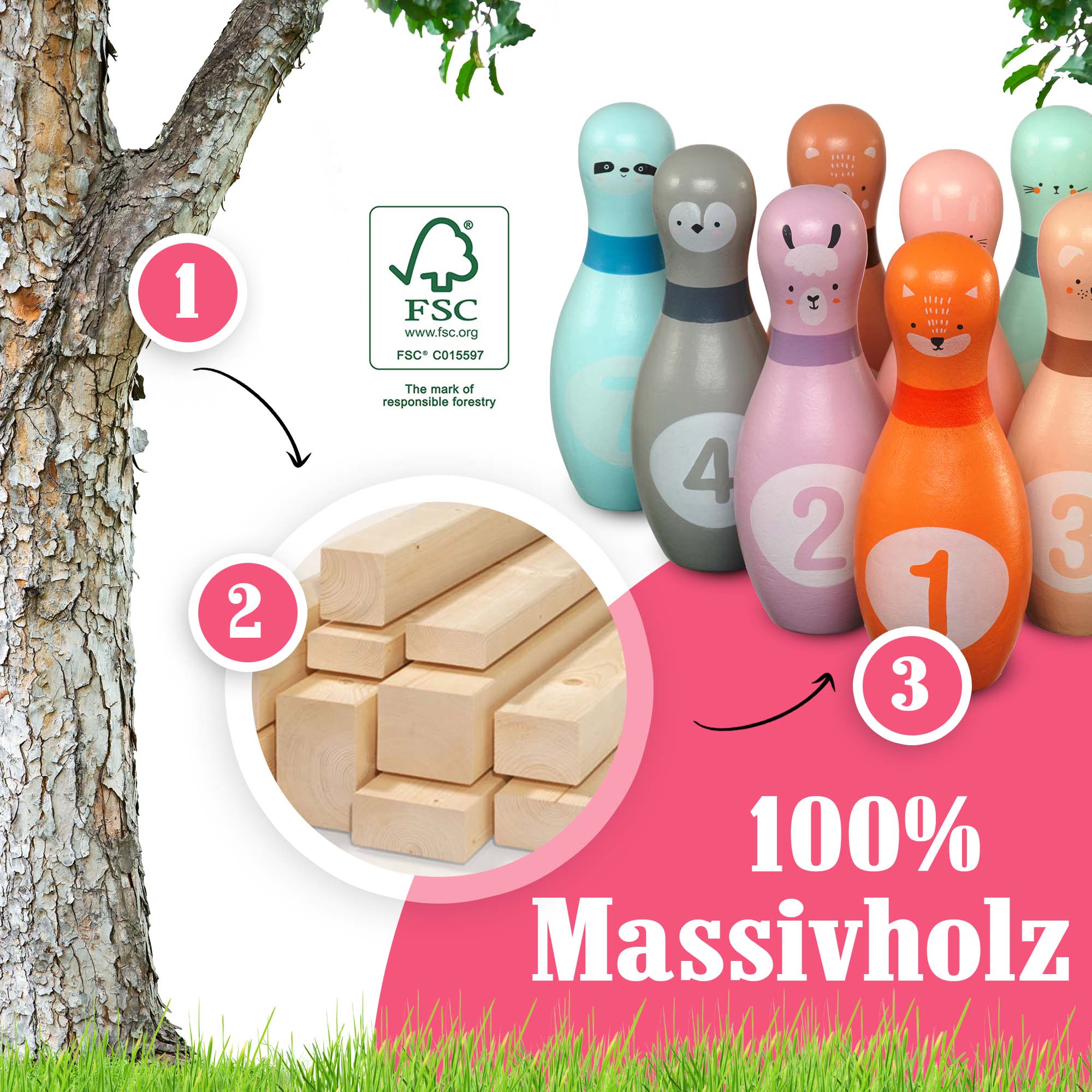 Pink Papaya Kegelspiel für Kinder Kids Bowling Animals