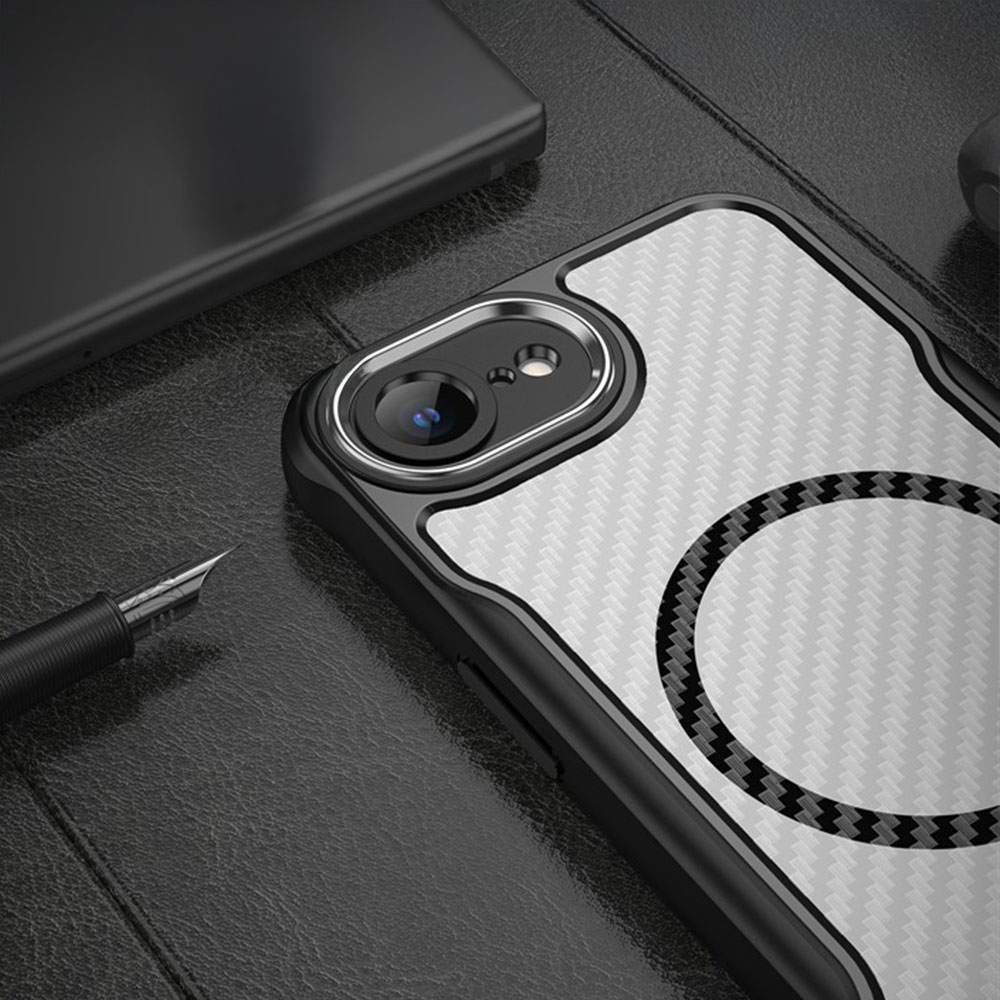 iPhone 16e MagSafe Gummi Case Schutzhülle Carbon Look Air Cushion Fallschutz mit Kameraschutz - Schwarz / Transparent