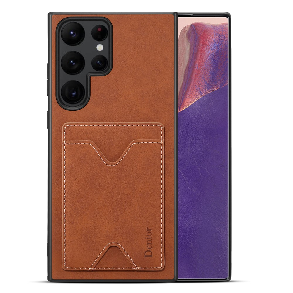 Samsung Galaxy S24 Ultra Hybrid Leder Hülle mit Magnetischem Kartenfach   Kickstand Aufsteller - Braun
