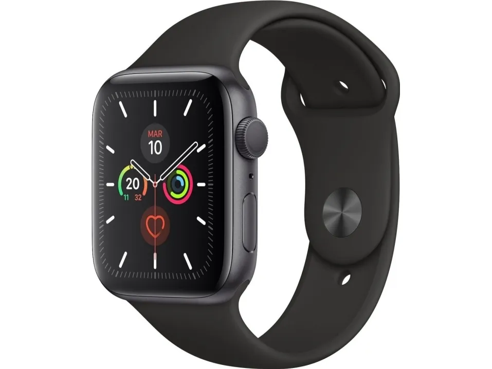 [OUTLET] - Apple Watch Series 5 (GPS) - 44 mm - rumgråt aluminium - smart ur med sportsbånd - fluoroelastomer - sort - båndstørrelse 140-210 mm - S/M/L - 32 GB - Wi-Fi, Bluetooth - 36.5 g