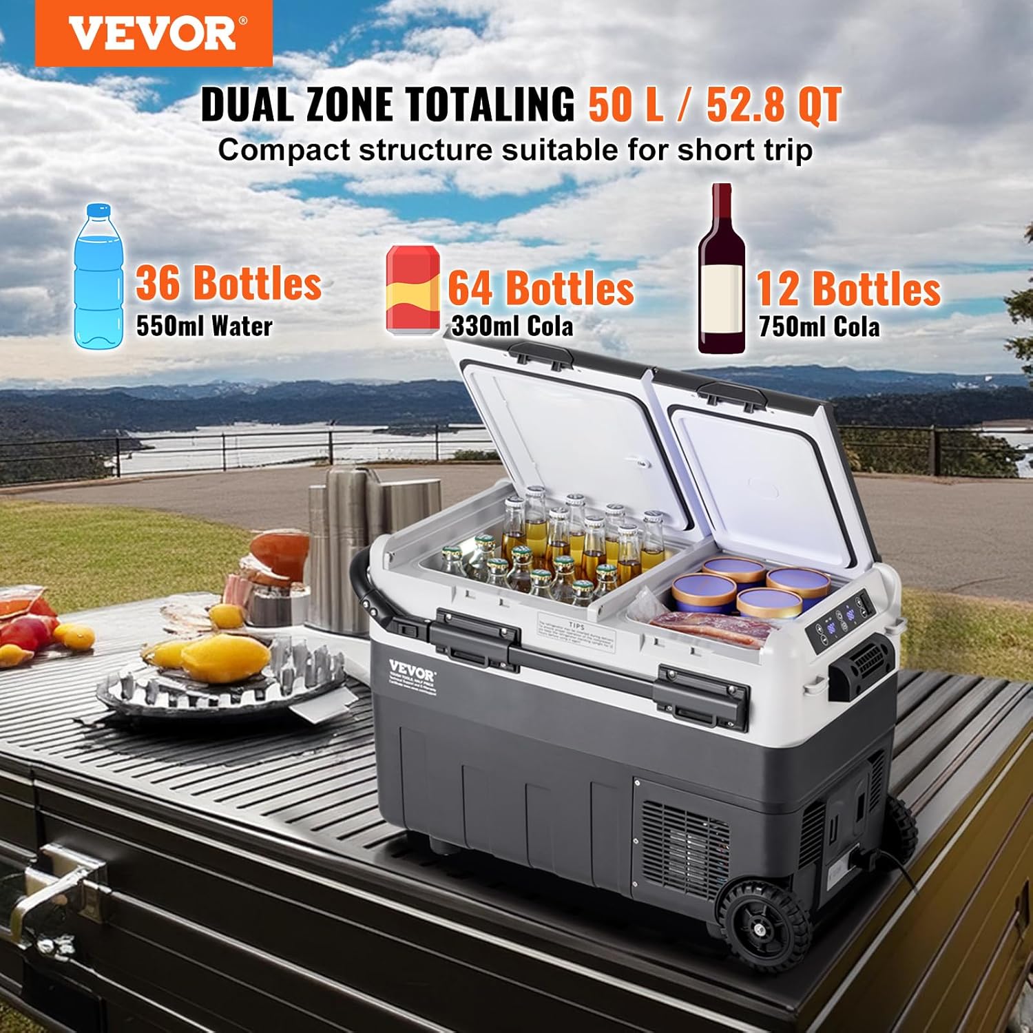 VEVOR Tragbarer Autokühlschrank, 12-Volt-Autokühlschrank, 50 L tragbarer Dual-Zone-Gefrierschrank, -20 bis 20 ℃ einstellbare Temperatur, Kompressorkühler für Zuhause, Outdoor, Camping, Wohnmobil