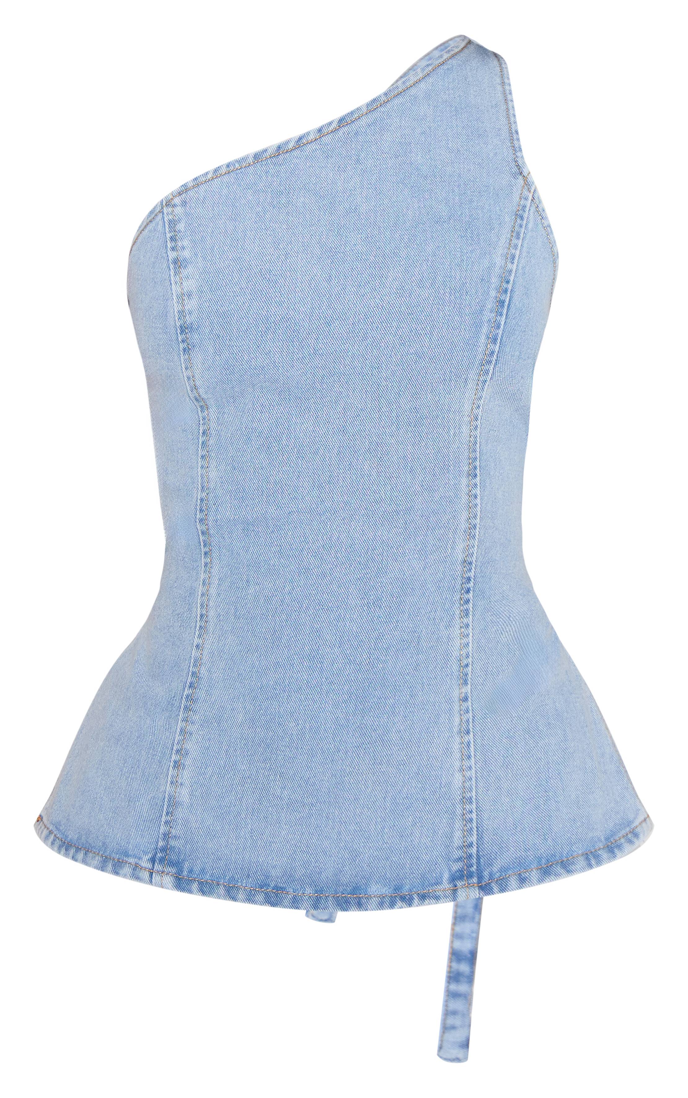 Light Blue Wash Haut En Denim Petite Asymétrique Dos Ouvert