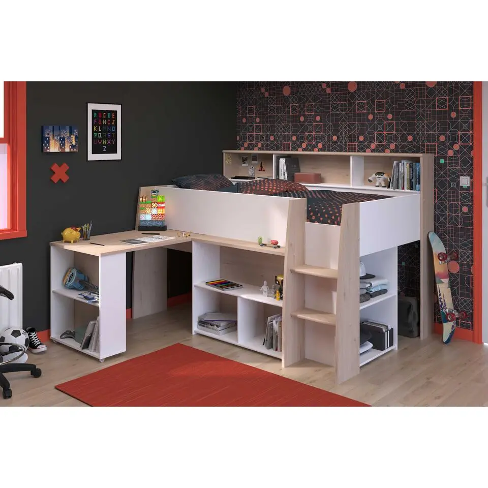 Halfhoogslaper Duffy 90x200cm met bureau - wit / eikdecor