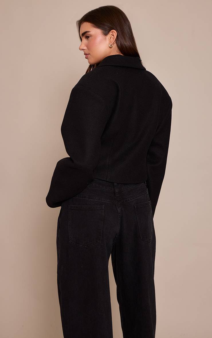 Noir Blazer Cintré Court Aspect Laine