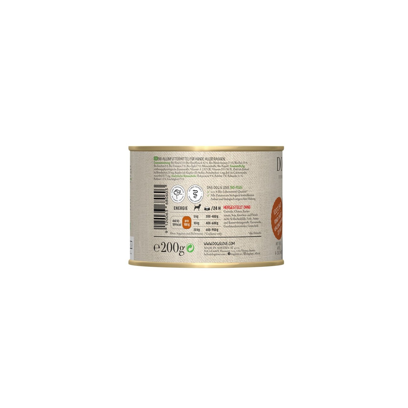 DOG'S LOVE Nassfutter Hund, Adult, Bio 6x200 g Rind mit Reis, Apfel und Zucchini