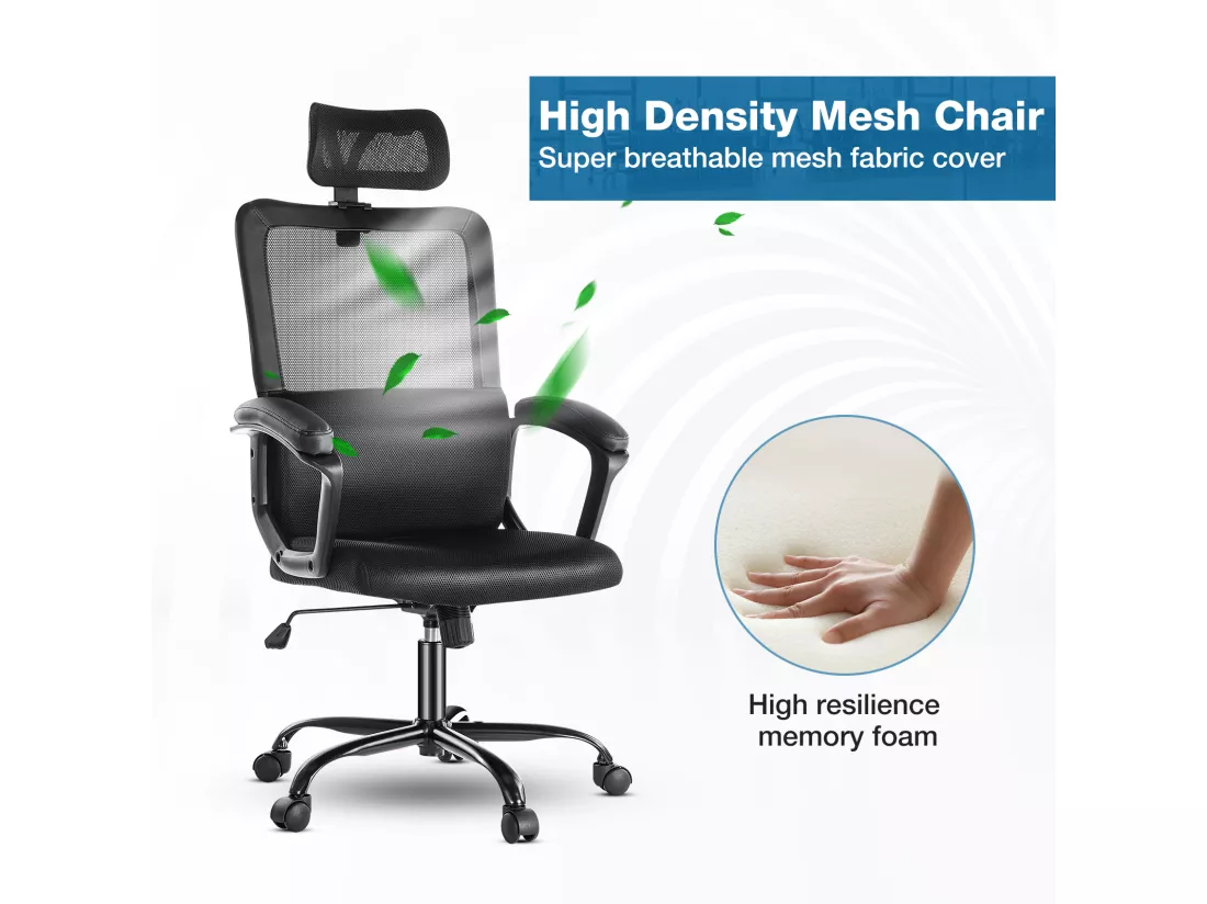 Chaise de bureau, chaise de bureau pivotante avec appui-tête et support lombaire réglables, dossier haut ergonomique, noir
