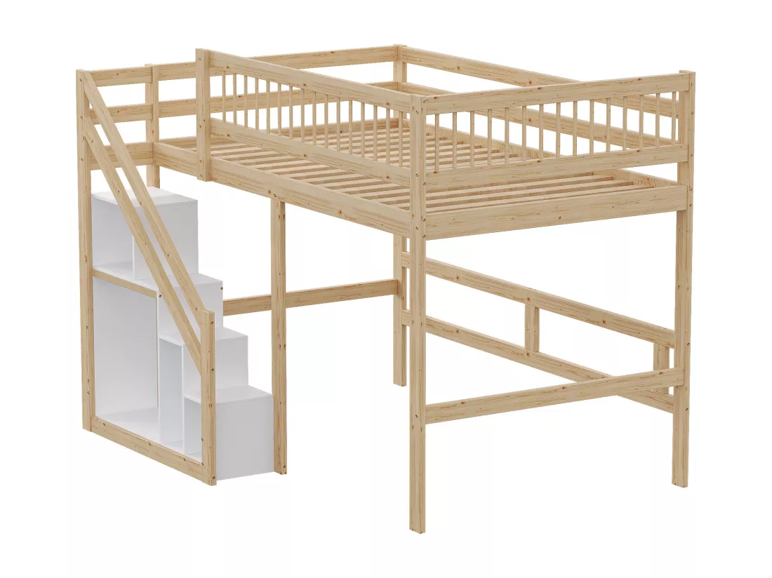 Lit superposé en bois 140x200cm - avec escalier de rangement - Naturel