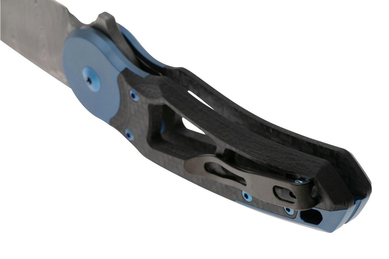 Fox Metamorphosis FX-556-B1 Damascus Wharncliffe, 3K Carbonfiber, Blue Titanium bolster zakmes