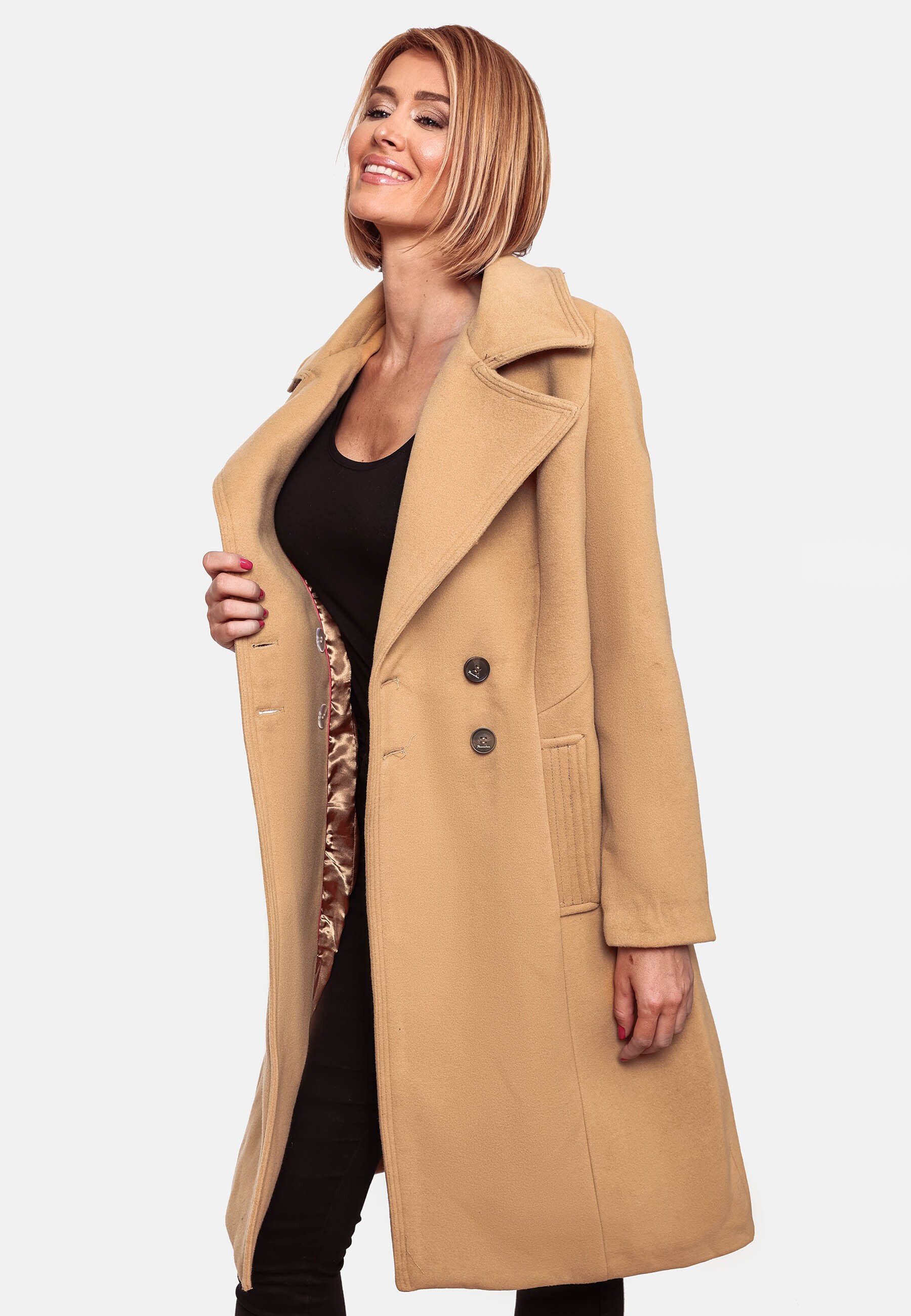 NAVAHOO Damen Designer Wintermantel Trenchcoat in Wollmantel-Optik Wooly