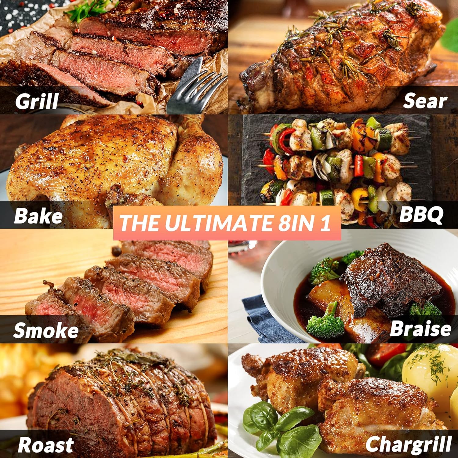 onlyfire Pelletsmoker Räuchergrill, 8-in-1-Multifunktion Holzpelletgrill & Smoker, Pellet Smoker Grill, Holzpelletgrill mit Automatischer Temperaturregelung, Schwarz
