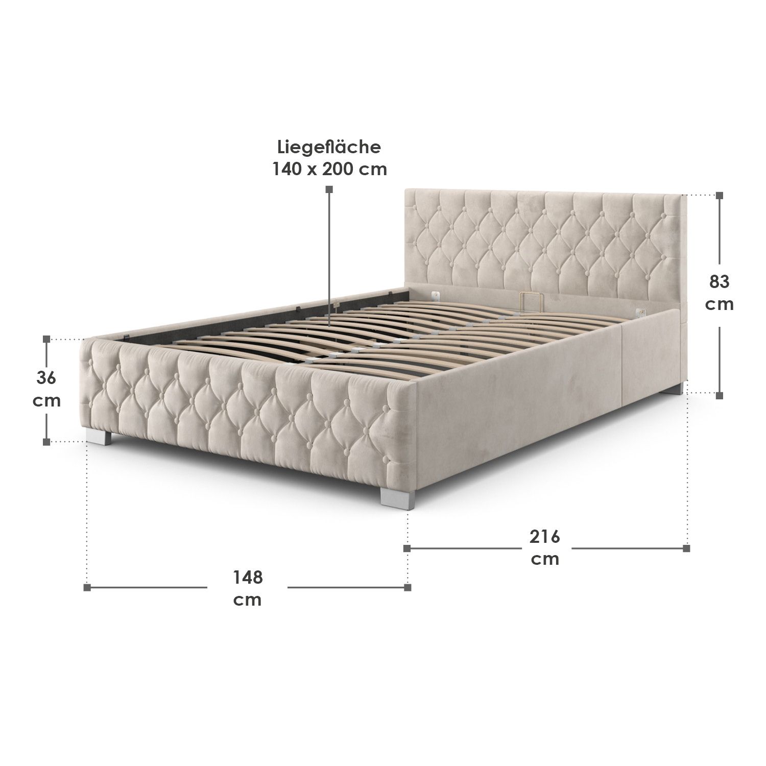 Juskys Polsterbett Nizza 140x200 cm - Lattenrost, Stauraum & LEDs - Samtbezug mit Steppung - Beige