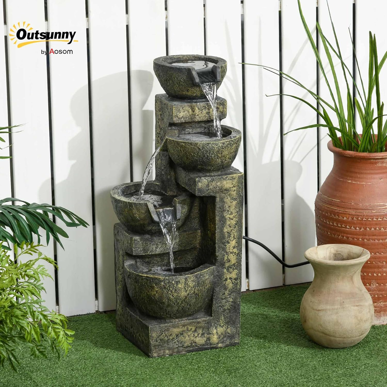 Outsunny Springbrunnen aus Kunstharz Outdoor Gartenbrunnen mit Einstellbarer Strömung Dekorationsbecken 4 Stufen Zierbrunnen für Garten Terrasse Rasen 25cm x 24cm x 60cm Schwarz