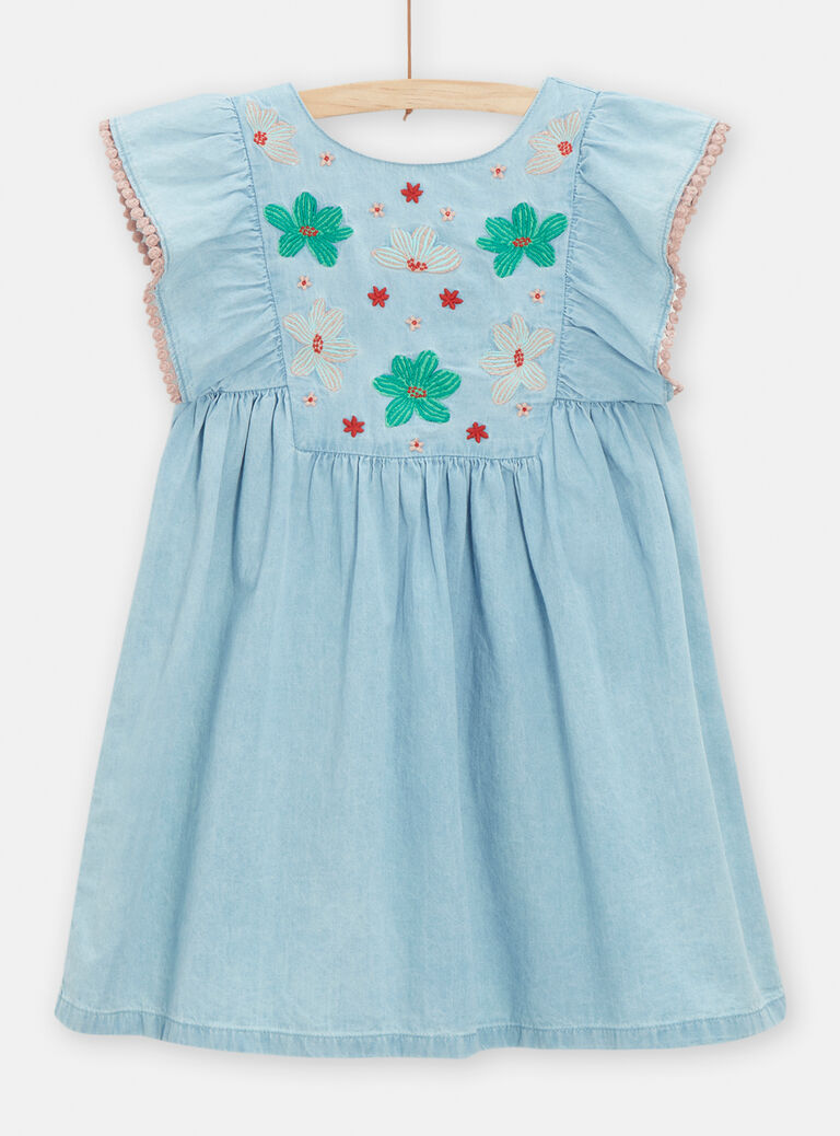 Robe en denim clair avec broderie fleurie pour fille