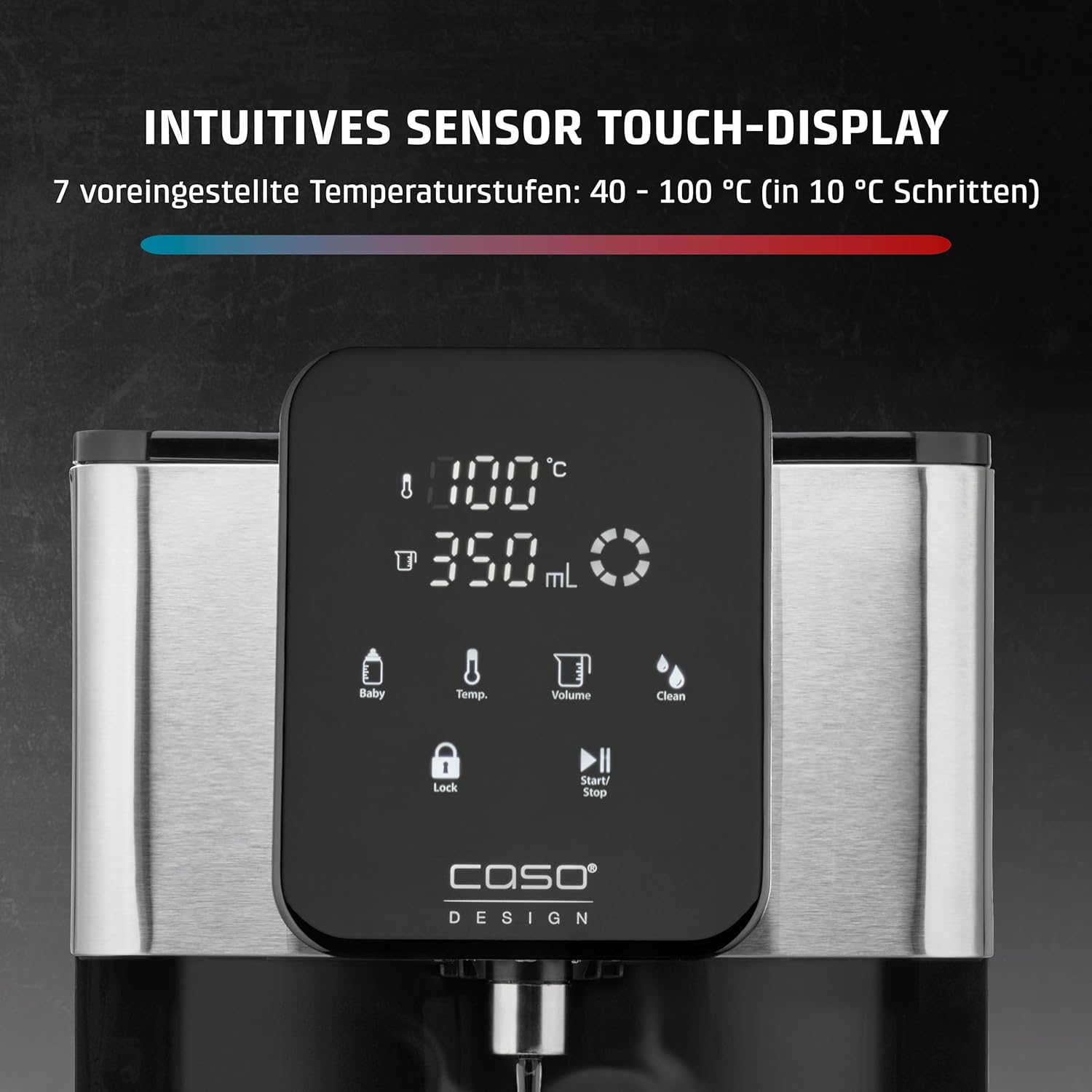 CASO HW 1660 - Turbo Heisswasserspender, heißes Wasser in wenigen Sekunden (40-100°C), 2600 Watt, extra großer 4 Liter Wassertank, Direktwahltaste für Babynahrung (37°C), energiesparend