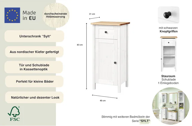 welltime Unterschrank »Sylt« Breite 40 cm, aus Massivholz Kiefer