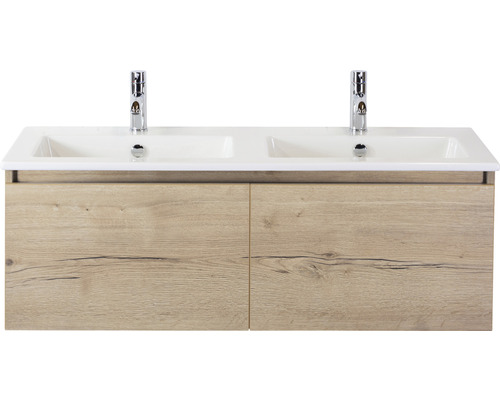 Sanox Frozen dubbele badkamermeubel, BxHxD 121 x 42 x 46 cm, frontkleur eiken naturel, met witte keramische wastafel, 75734927