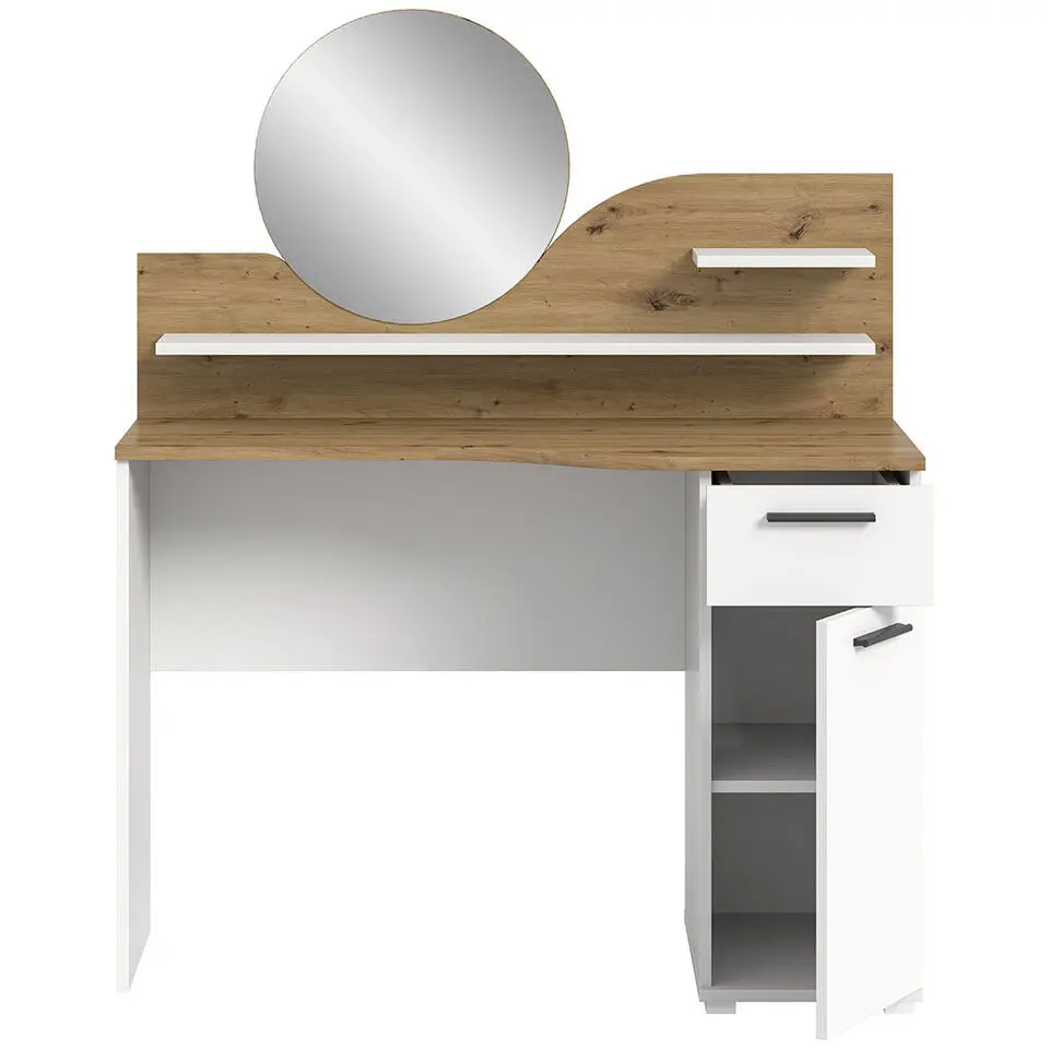 Hioshop Vanity kaptafel met spiegel 1 lade 1 deur 2 planken wit
