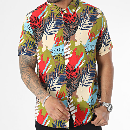 Chemise Manches Courtes Vert Kaki Marron Floral