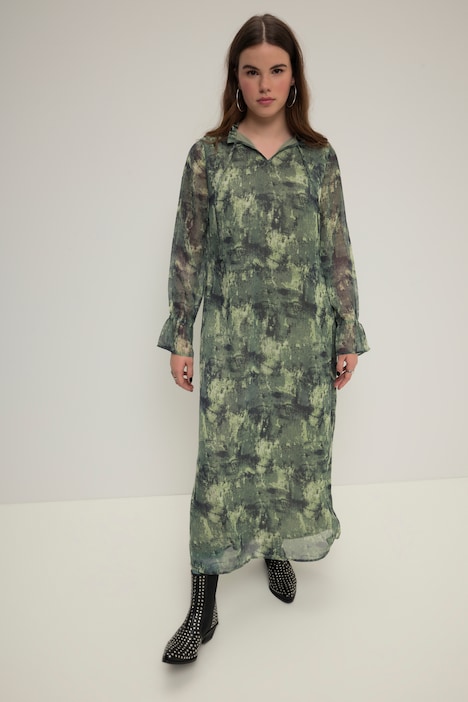 Maxikleid, A-Line, Chiffon, Allover-Print, Rüschenkragen, Langarm