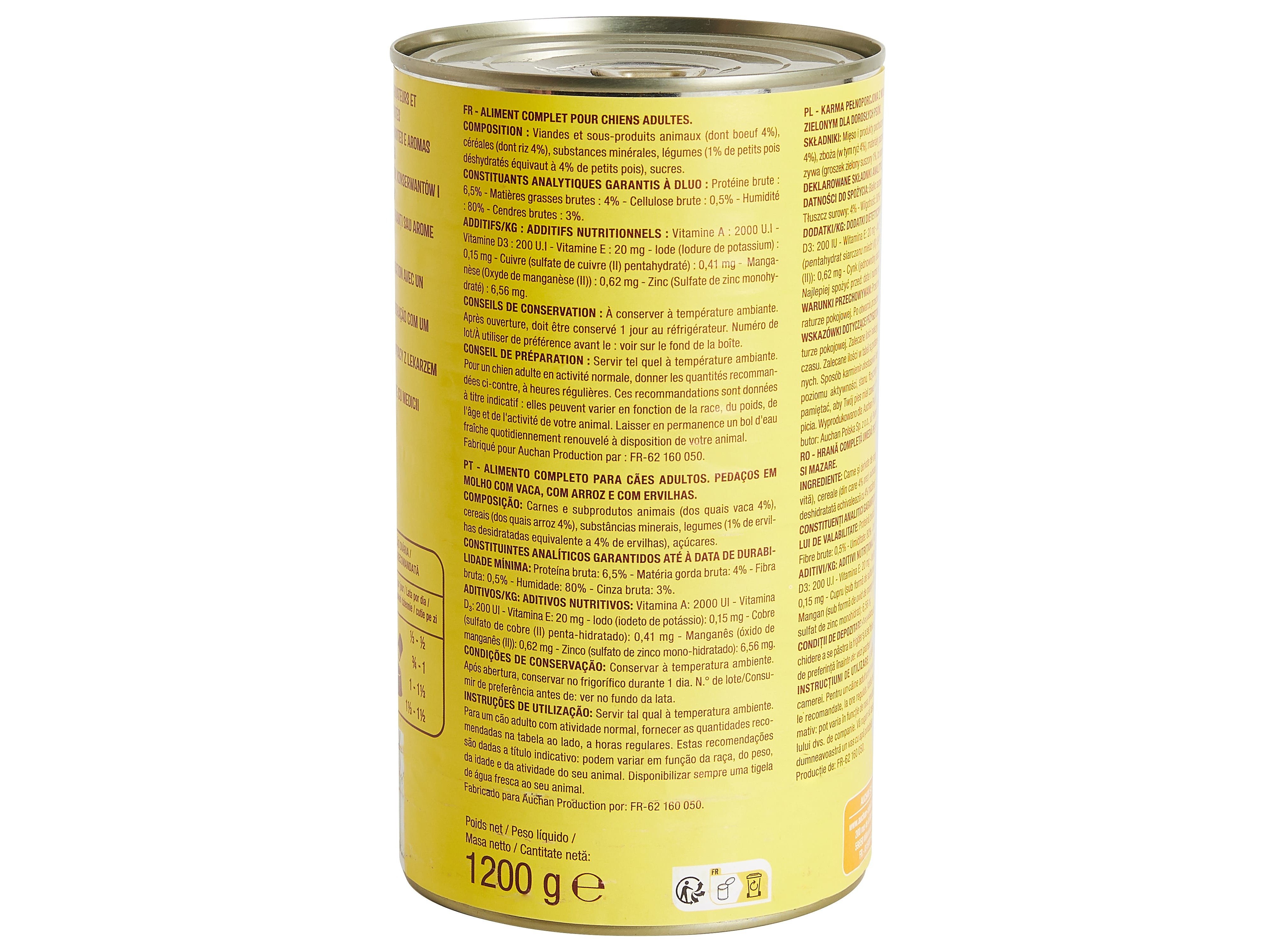 COMIDA HÚMIDA PARA CÃO AUCHAN PEDAÇOS EM MOLHO COM VACA COM ARROZ E COM ERVILHAS 1200G