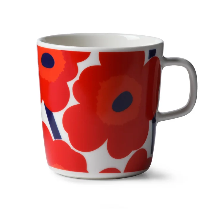 Marimekko - Oiva Unikko Becher mit Henkel, 400 ml, weiss / rot