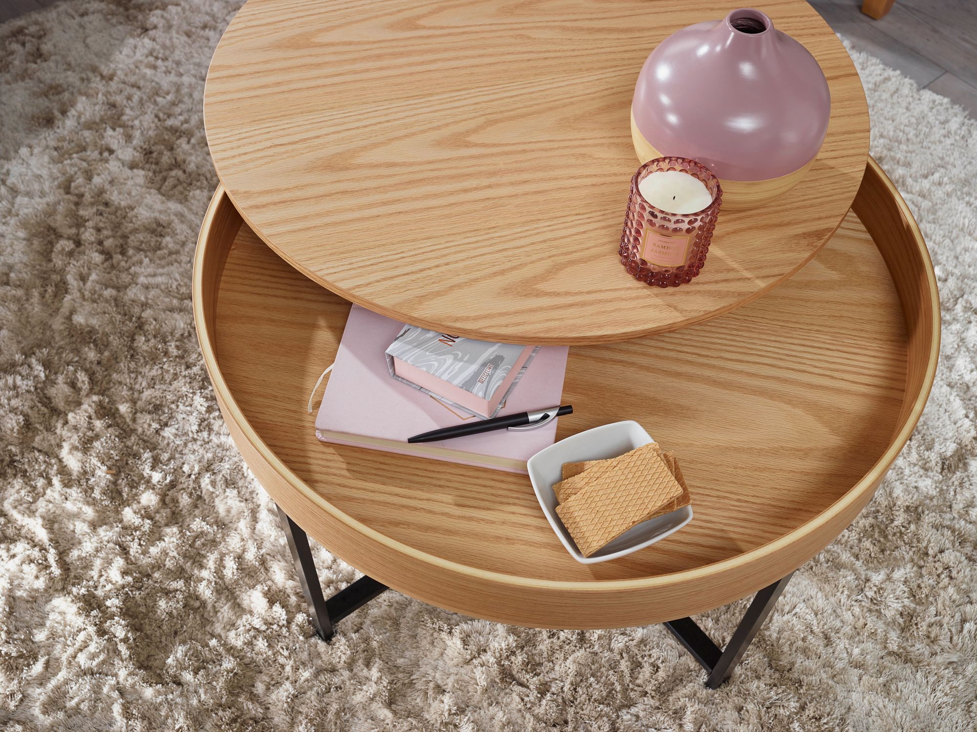KADIMA DESIGN Couchtisch Holzoptik-Metallbeine, runder Tisch mit Stauraum, 69x49x69 cm, moderner Industrial-Look.