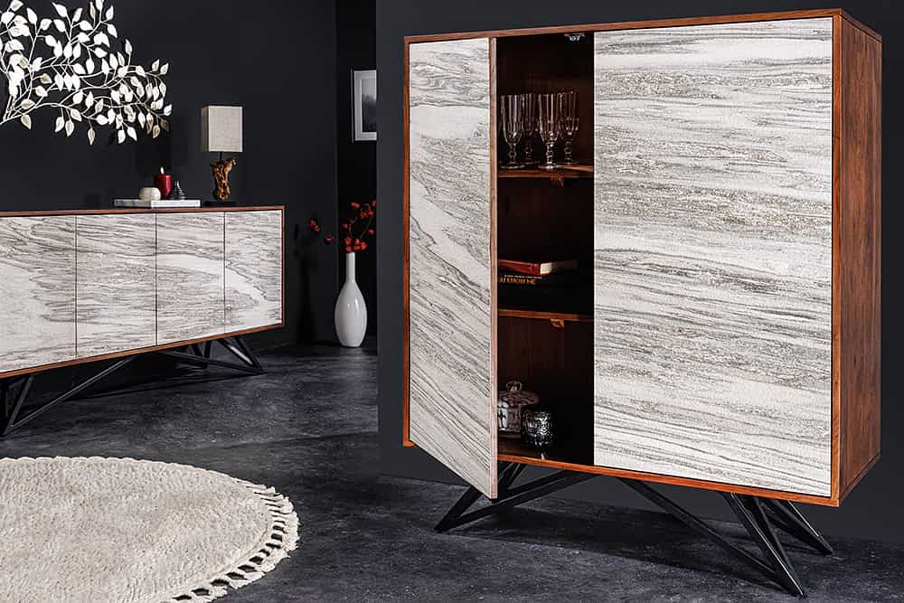 Massivholz Highboard MOUNTAIN SOUL 120cm echter Naturstein weiß Akazie Schrank Marmor-Design