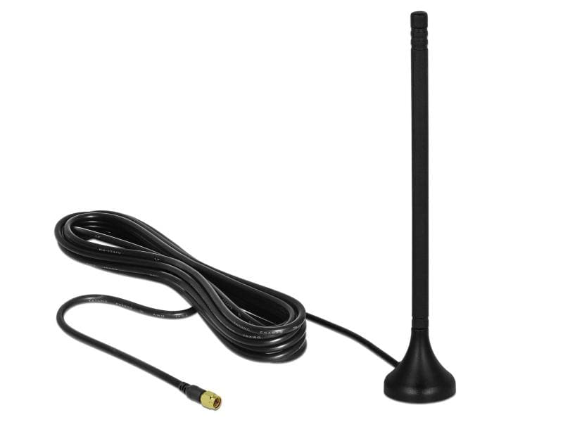 Delock LTE-Antenne Outdoor SMA 5 dBi Rundstrahl Delock LTE Antenne SMA Stecker 1 - 2 dBi starr omnidirektional mit magnetischem Standfuss und Anschlusskabel RG-174 A/U 3 m outdoor schwarz