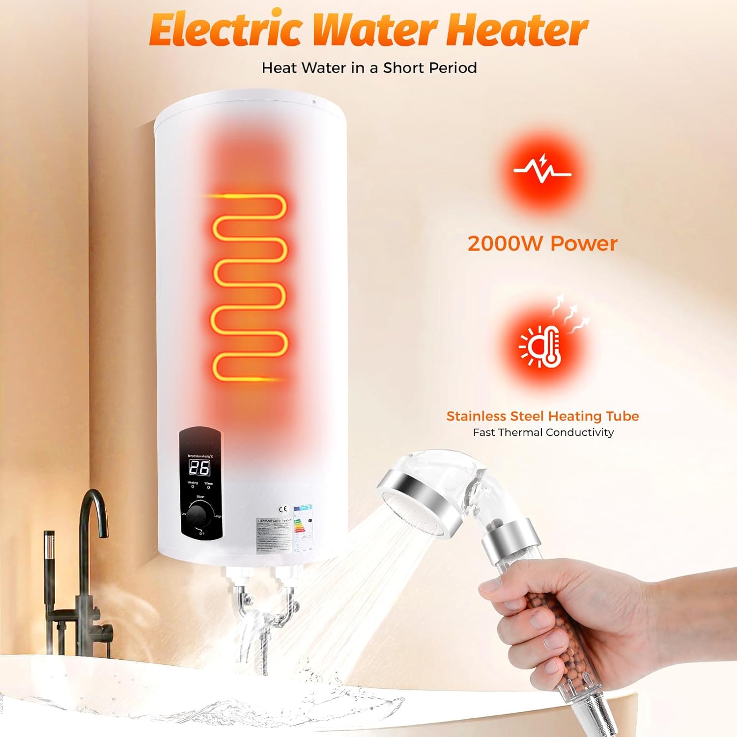 Warmwasserspeicher Boiler 50L/80L/100L/120L, Energiesparend 2000W Vertikaler Wandmontierter warmwasserboiler mit LED-Temperaturanzeigee für Badezimmer, Friseursalons Smart Boiler (100L)