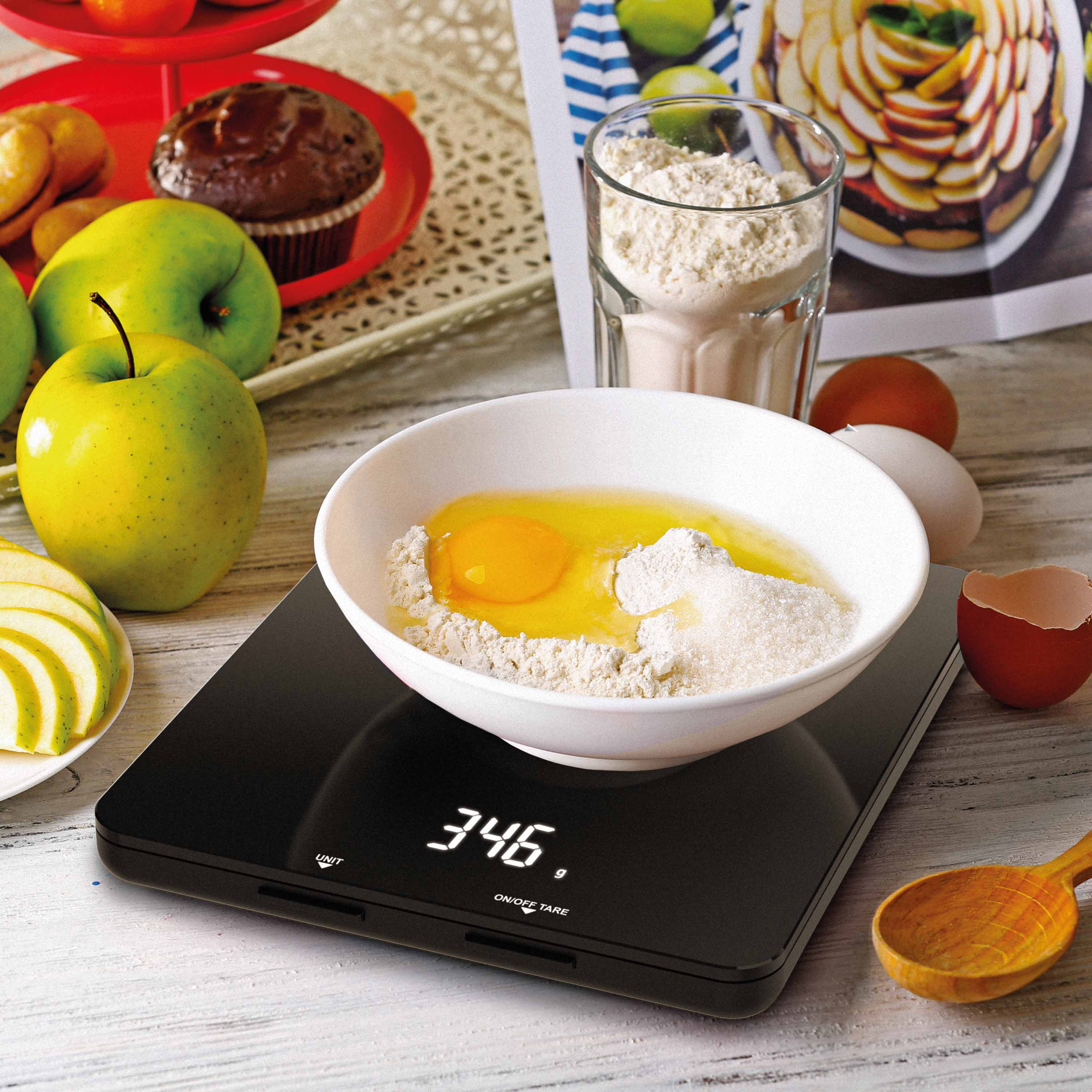 Arendo Küchenwaage mit schwarzer Hochglanz Glasoberfläche 19 x 16,5cm - LED Display - 4mm Glas