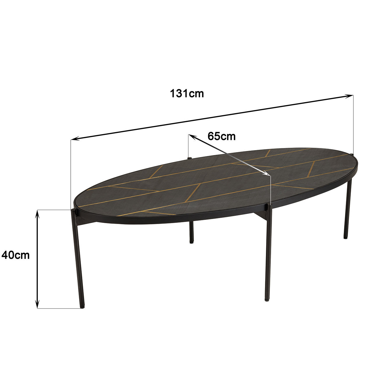 Macabane Table basse ovale effet pierre motifs Basile noir/doré - 131x65x40 cm