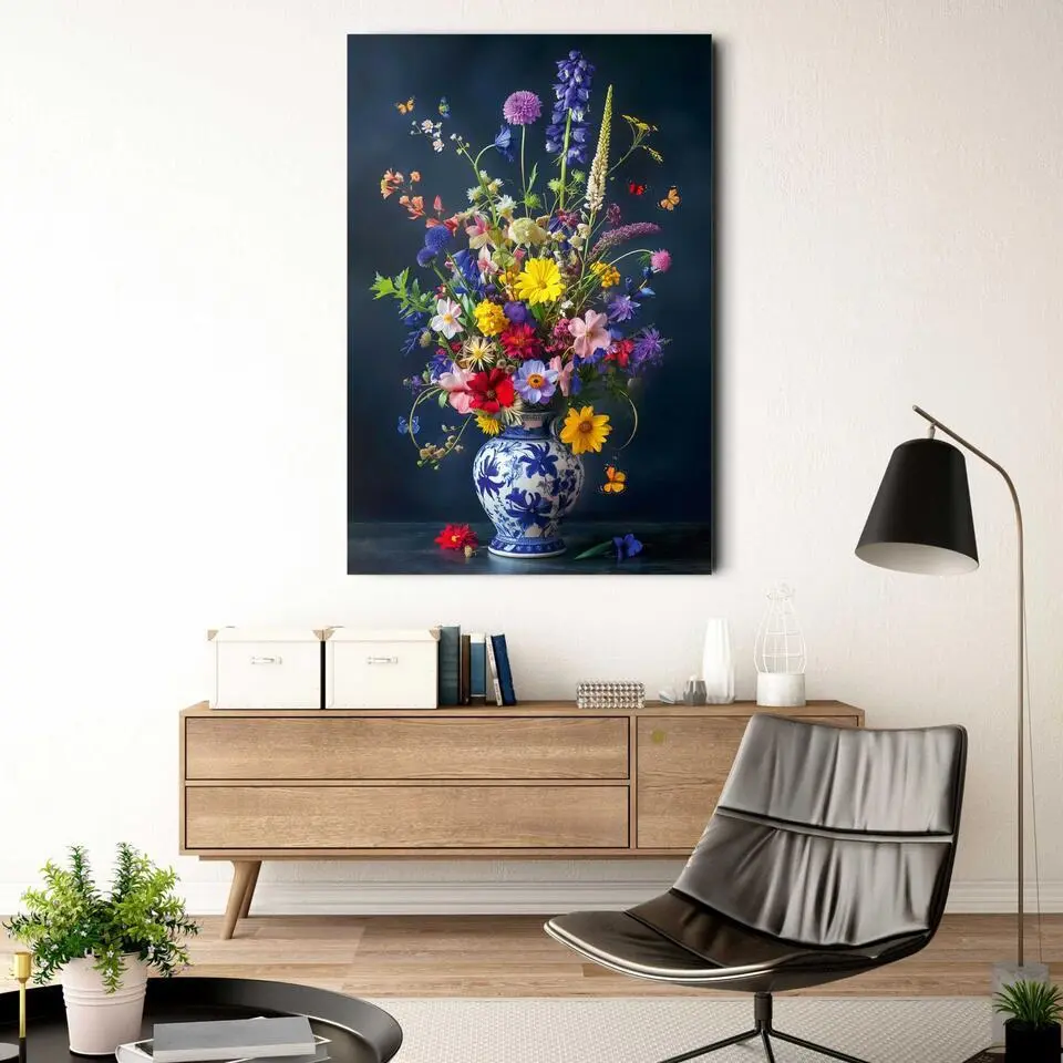 Glasschilderij Delfts Blauw bloemen - 116x78cm - Bont