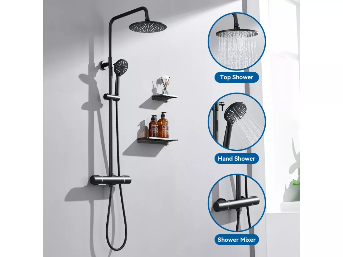 Colonne de Douche Noir avec Mitigeur Thermostatique, Mitigeur Douche avec Tête de Douche,Pommeau à Main 3 Jets,Hauteur Réglable 840-1210mm
