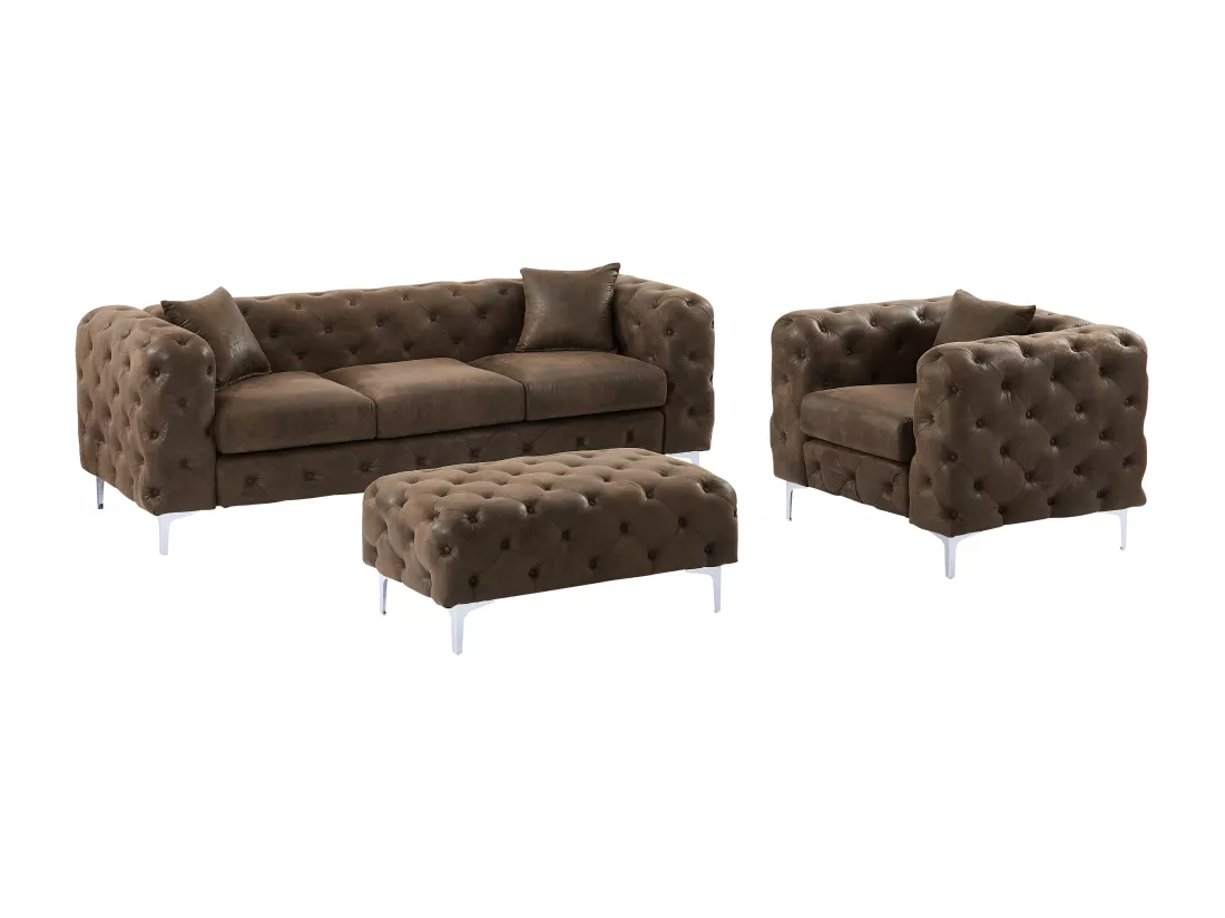 Canapé 3 places, fauteuil et pouf chesterfield en microfibre aspect cuir vieilli EDWINA