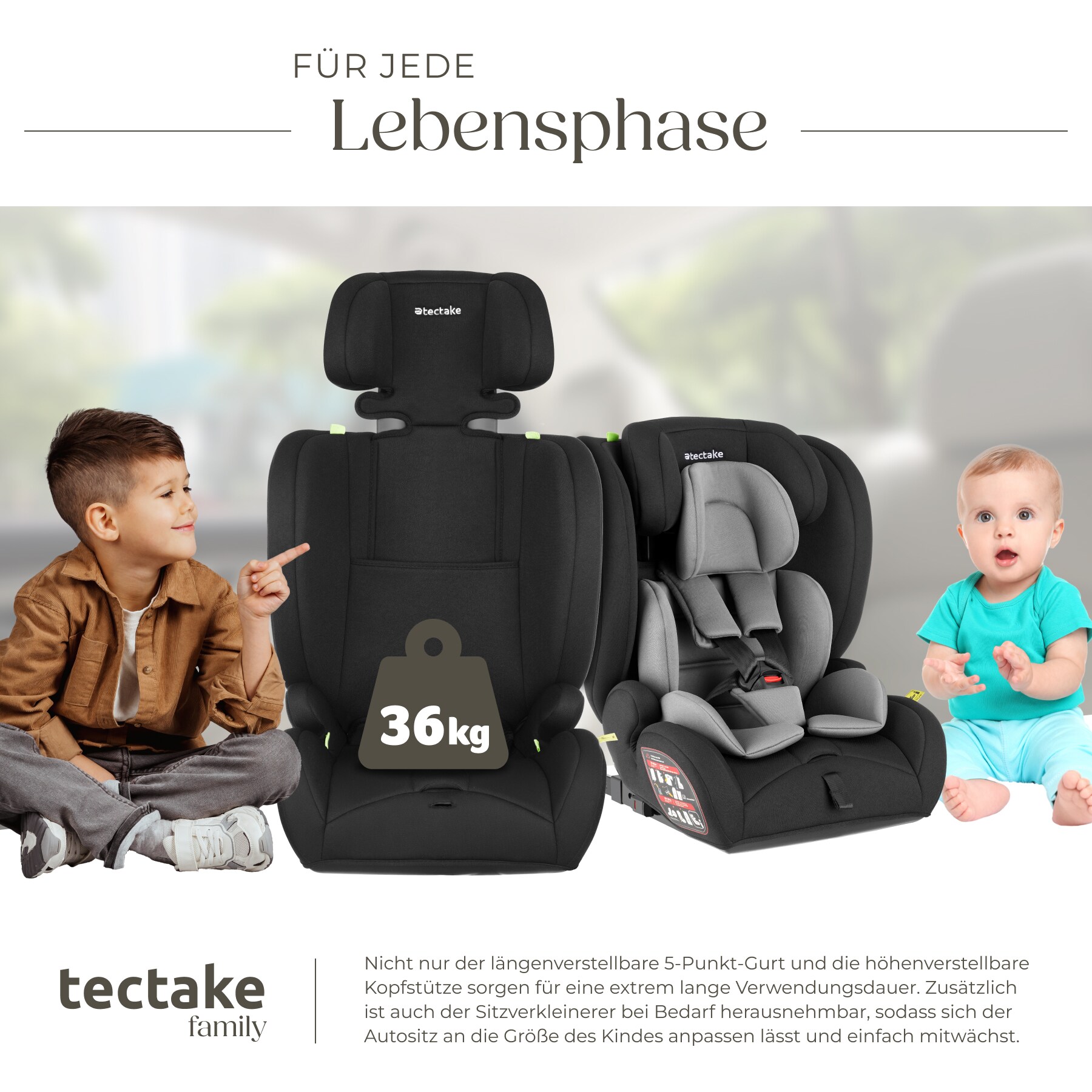 tectake® Autositz, i-Size Zulassung, ISOFIX-Installation und Top Tether, mit Seitenaufprallschutz, längenverstellbarer 5-Punkt-Gurt, 8-fach höhenverstellbare Kopfstütze, ab 15 Monaten von 76 bis 150 cm, Belastbarkeit 36 kg