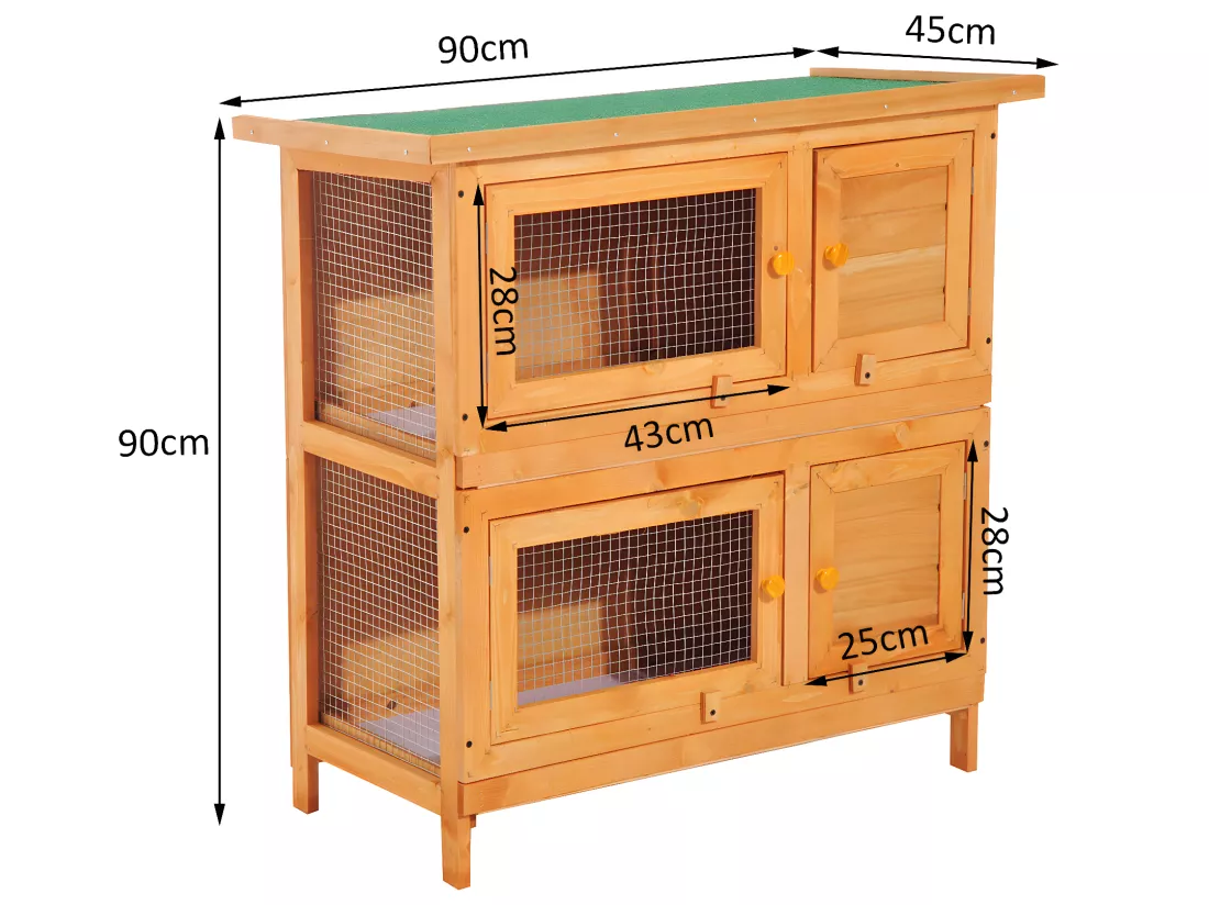 Clapier à lapin cage à lapin double niveau plateaux coulissants 4 portes verrouillables toit ouvrant 90L x 45l x 90H cm