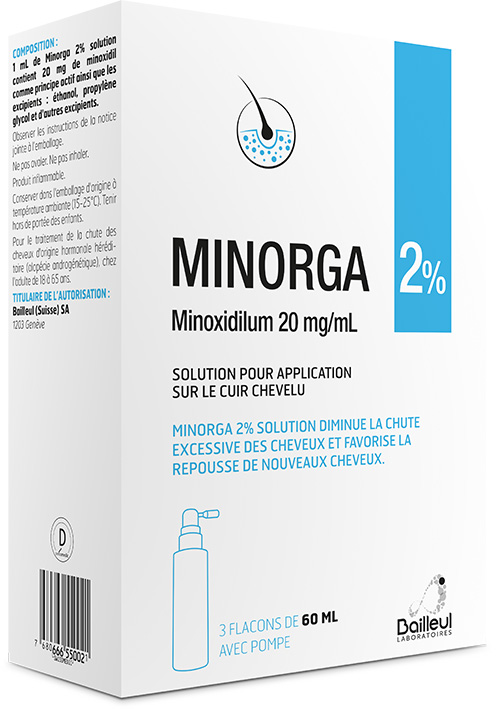 MINORGA Lös 2 % Fl 60 ml<br>3 × 60 ml, Flasche, Lösung zur Anwendung auf der Haut