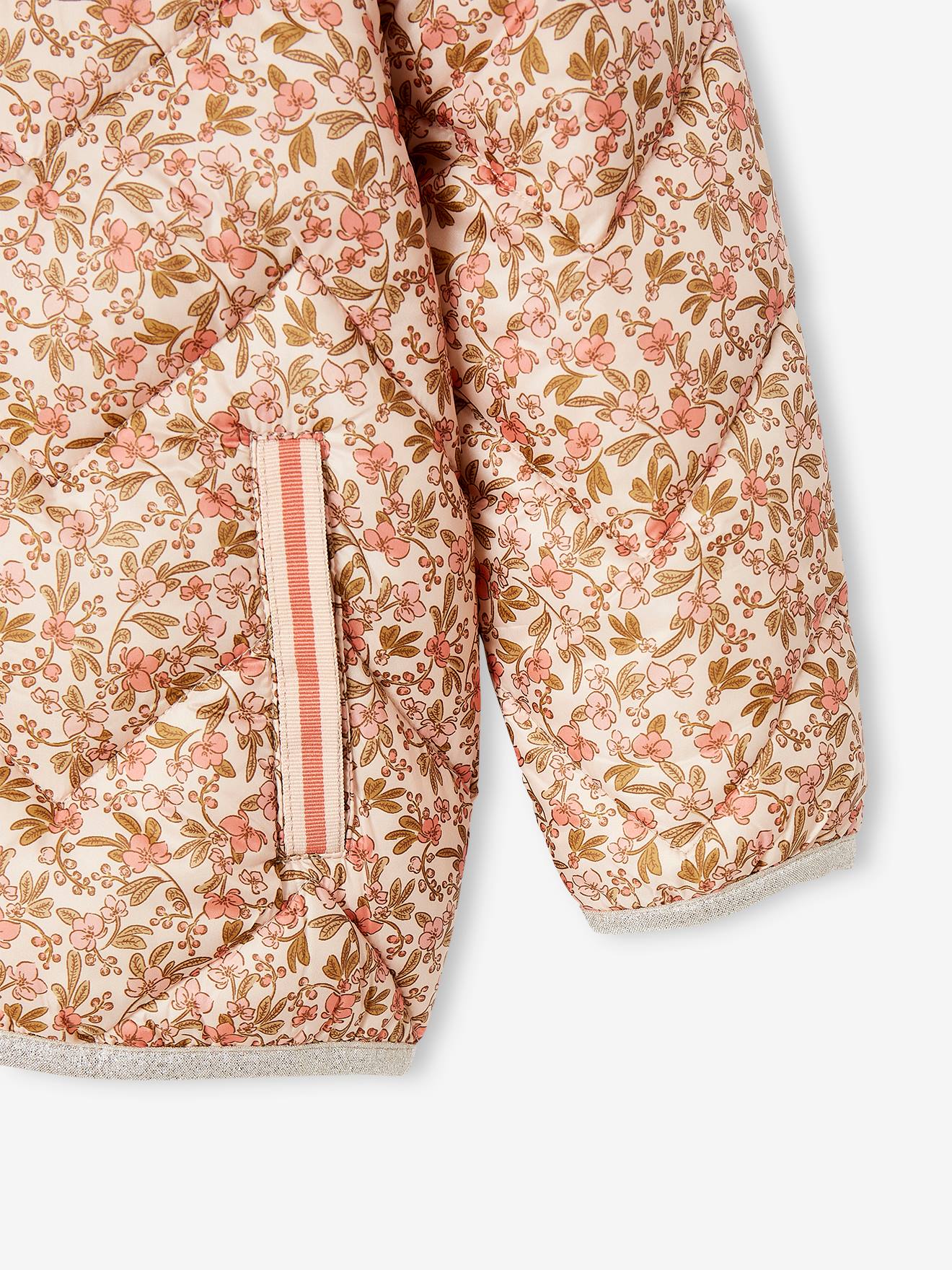 Jaqueta acolchoada leve com capuz e detalhes iridescentes, para meninas, estampa amarela tamanho médio.