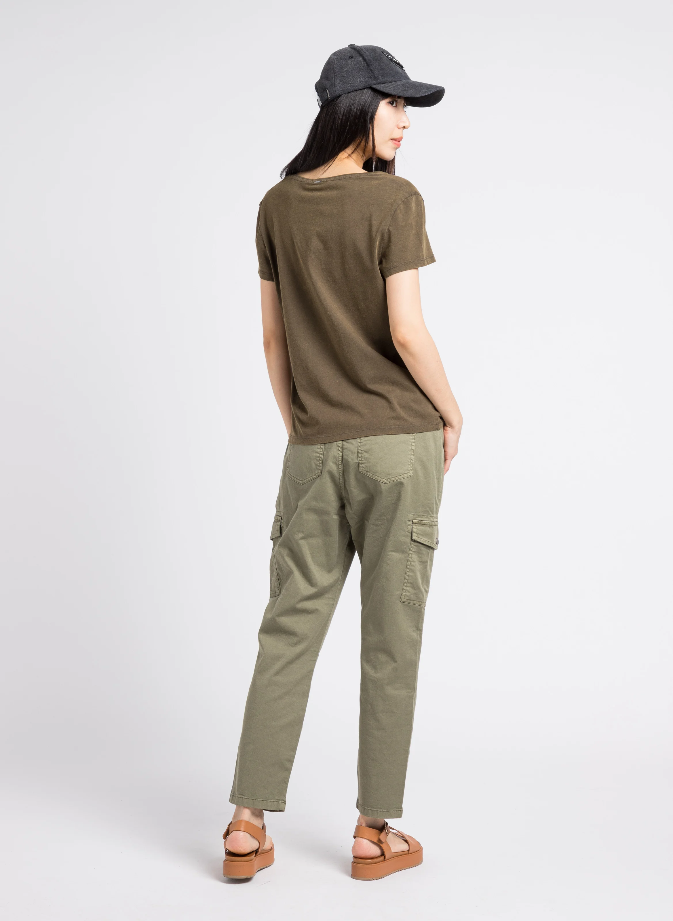 Jean cargo cropped en coton mélangé | Kaki