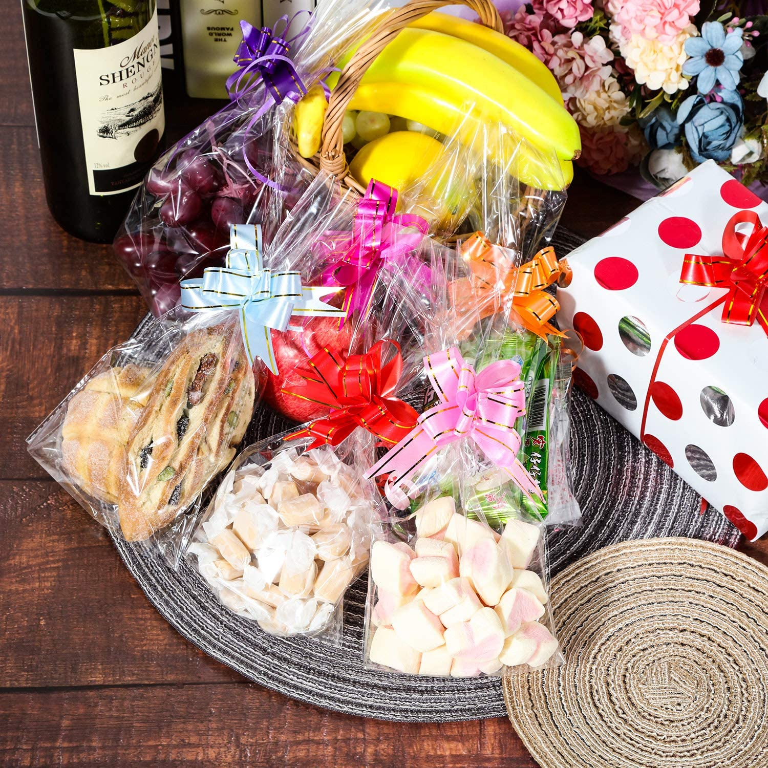 (100er Set) 16x24cm Geschenk Tüten Candy Gift Cellophan Beutel inkl. Zug Schleifen