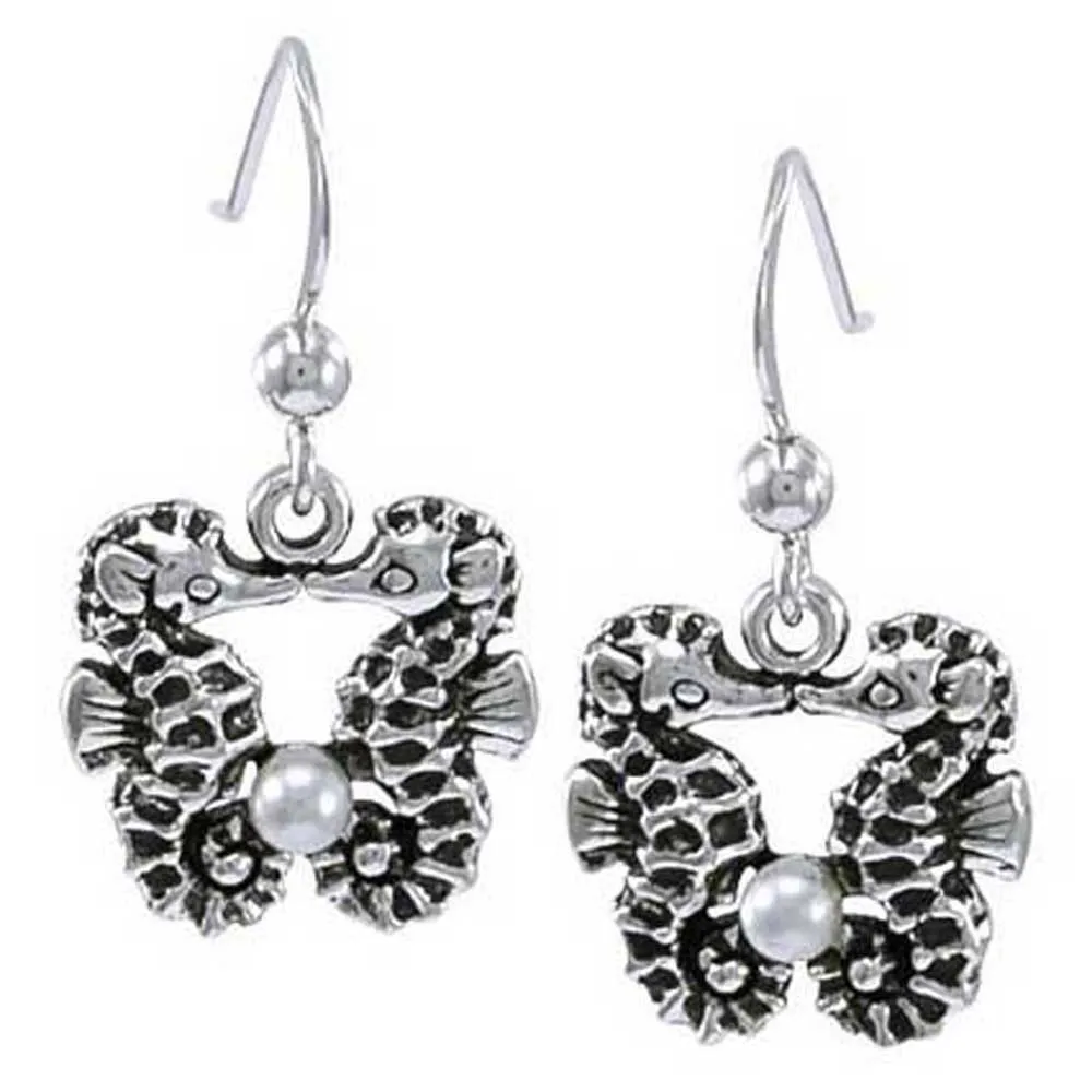 Dive silver Ohrringe mit zwei Seepferdchen und Perle